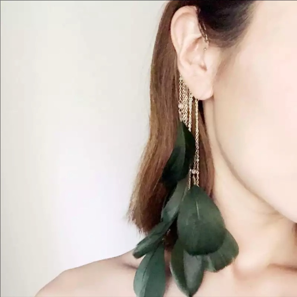 Free People Emerald Leaf Earrings with Gold Chains